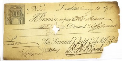 Lot 455 - Childs Bank, £50 Promissory Note 1752, dated...