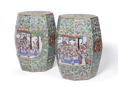 Lot 181 - A Pair of Cantonese Porcelain Garden Seats, of bombé hexagonal form, moulded with bosses and...