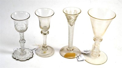 Lot 308 - A Jacobite style cordial glass and three other wine glasses (4)