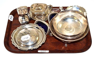 Lot 340 - A collection of silver and continental white metal including assorted teaspoons, a five piece cruet