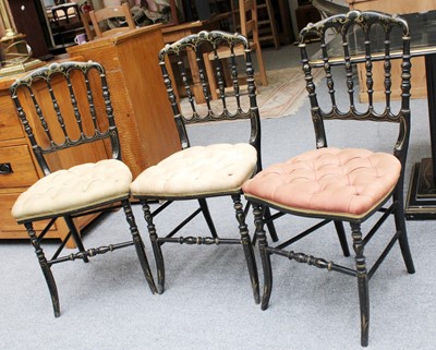 Lot 1436 - Three Victorian Ebonised Salon Chairs, with...