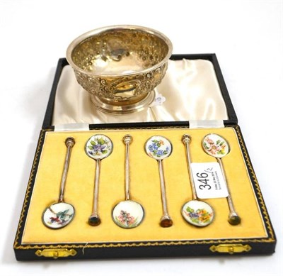 Lot 346 - Cased set of silver teaspoons with floral enamel decoration and a Chester silver small pedestal...