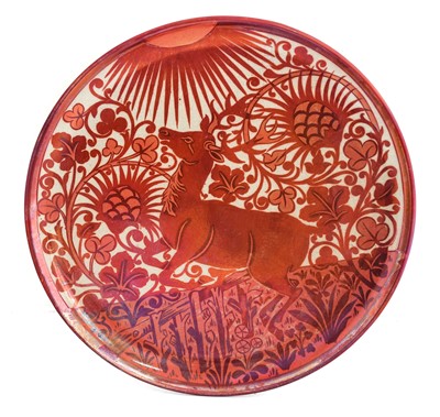 Lot 221 - The Stag: A Maw and Co Ruby Lustre Charger,...