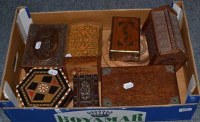 Lot 359 - Seven wood boxes, leather box and two wood plates