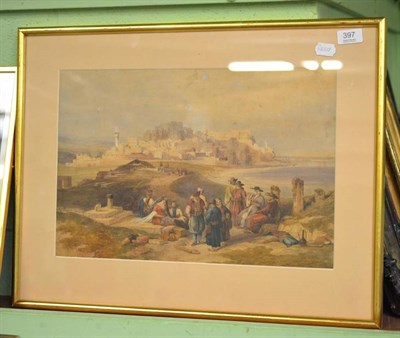 Lot 397 - After David Roberts 'Travellers Resting on the Way to Jaffa', pencil and watercolour
