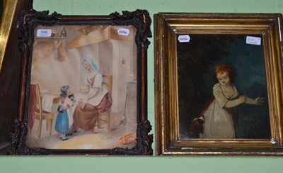Lot 398 - British Provincial School, Mother and children in a cottage interior, watercolour in a carved...