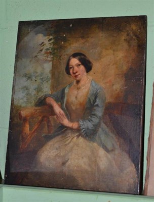 Lot 402 - Portrait of lady seated by a bench, oil on canvas laid on panel, unframed