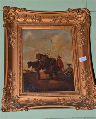 Lot 407 - Continental School (19th century) Figures and pack horses on a road, oil on canvas (a.f.)