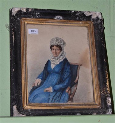 Lot 408 - Portrait of a woman in blue dress, watercolour