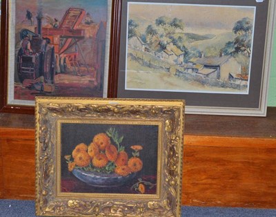 Lot 412 - J R Trout, Farming scene, signed and dated, oil on board, together with a still life of orange...