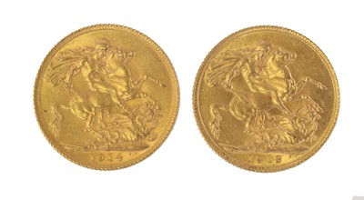 Lot 217 - 2x George V Sovereigns, 1913 and 1914, obv....