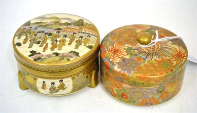 Lot 191 - A Satsuma Earthenware Cylindrical Box and Cover, Meiji period, on three block feet, typically...
