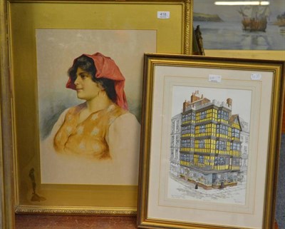 Lot 418 - Romolo Tibbia, Girl with head scarf, signed, watercolour, together with Roy Gamlin, 'The Dutch...