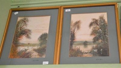 Lot 425 - Fred Hines, tree lined rived landscapes with swans and ducks, signed, watercolour and bodycolour, a