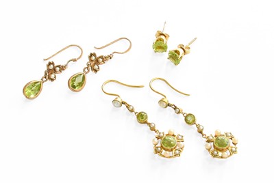 Lot 261 - A Pair of Peridot and Seed Pearl Drop Earrings,...