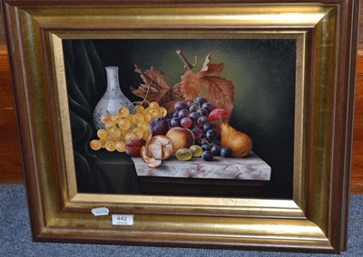 Lot 442 - C Whitfield still life of fruit and Delft guglet on marble-topped table