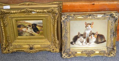 Lot 443 - A modern Chinese oil on board of a group of kittens, in a gilt frame, and another of two...