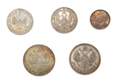 Lot 134 - An Assortment of Russian Silver Coins, 5 coins...