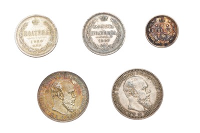 Lot 134 - An Assortment of Russian Silver Coins, 5 coins...