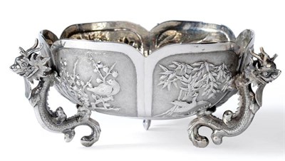 Lot 195 - A Chinese Export Silver Bowl, Wang Hing, circa 1900, decorated in relief with birds amongst foliage