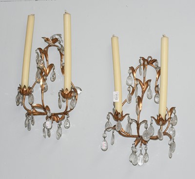 Lot 1110 - A Pair of Gilt Metal Twin Light Wall Sconces,...