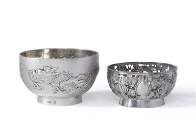 Lot 196 - A Chinese Export Silver Bowl, Wang Hing, circa 1900, decorated in relief with a dragon, 11cm...