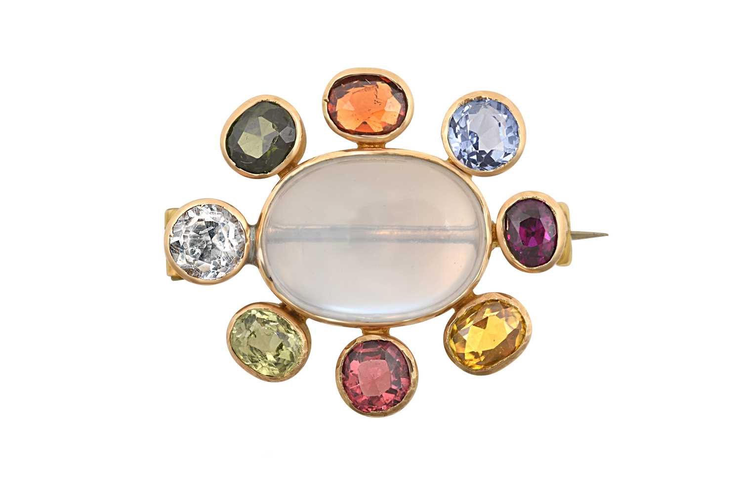 Lot 2113 - A Multi Gem-Set Brooch the oval cabochon...