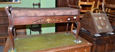 Lot 481 - An Edwardian inlaid mahogany duet stool (a.f.) and a brass bound coal scuttle