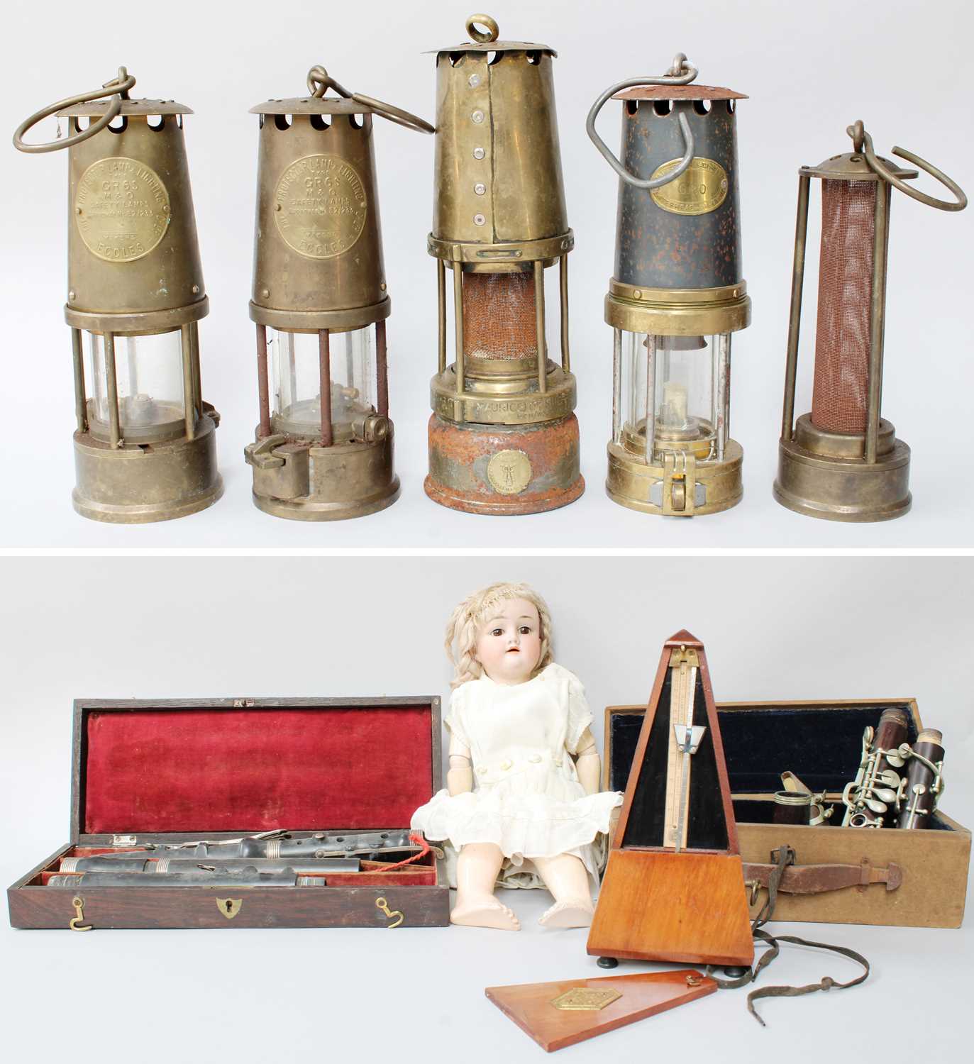 Lot 47 - Five Brass Miners Safety Lamps, including Wolf,...