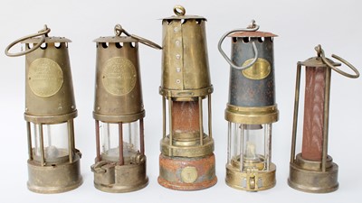 Lot 47 - Five Brass Miners Safety Lamps, including Wolf,...