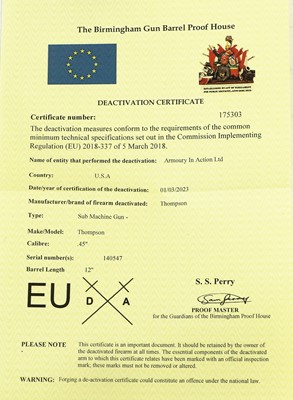 Lot 313 - A Deactivated Thompson M1A1 Submachine Gun,...