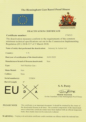 Lot 319 - A Deactivated Sten Mk.II 9mm Submachine Gun,...