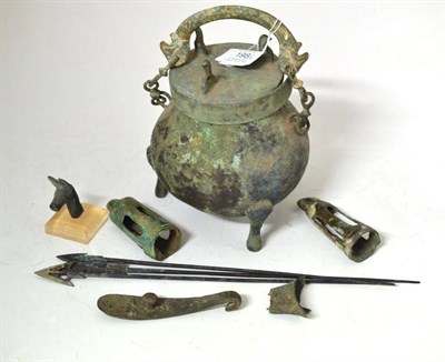 Lot 198 - A Bronze Baluster Pot and Cover, in Archaic style, the cover with three bird knops, the pot...