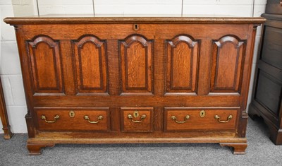 Lot 1188 - A George III Oak Mule Chest, crossbanded in...