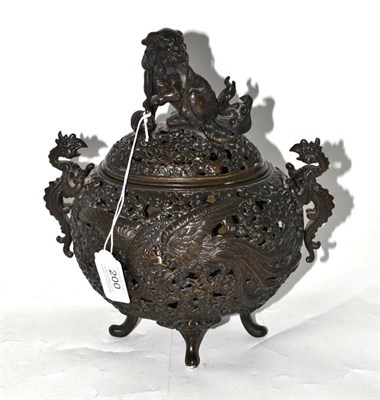 Lot 200 - A Chinese Reticulated Bronze Censer and Cover, 19th century, of ovoid form with dog of fo knop...