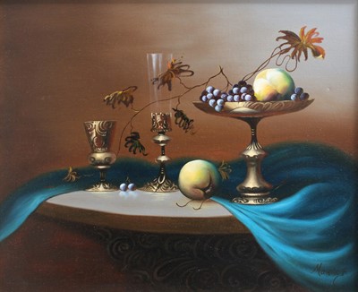 Lot 1021 - Jozef Molner Still life with blue table cloth...