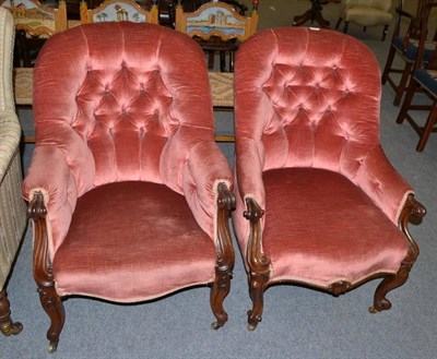 Lot 521 - Near pair of button-backed walnut armchairs