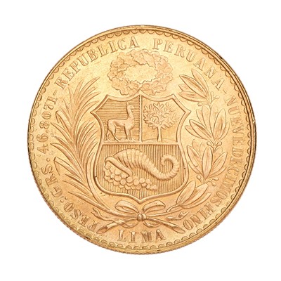 Lot 338 - Peru, 100 Soles Oro 1965, (.900 gold, 37mm, 46....