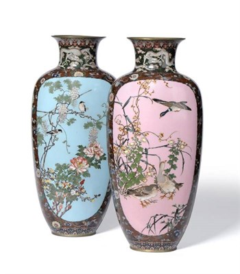 Lot 204 - A Pair of Japanese Cloisonné Large Vases, Meiji period, of flattened baluster form with flared...