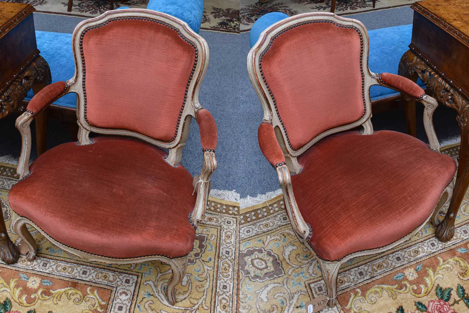Lot 1171 - A Pair of French Elbow Chairs (red cover)