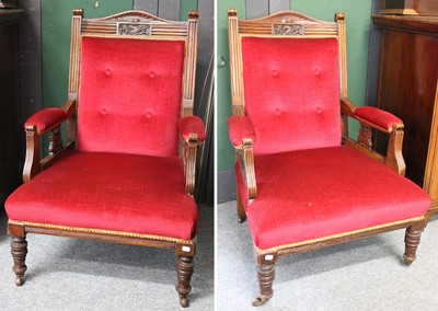 Lot 1169 - A Pair of Victorian Carved Fireside Armchairs,...