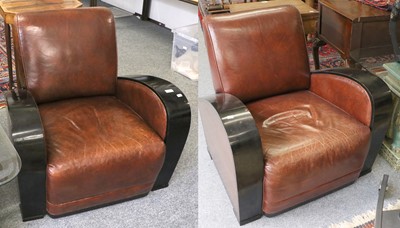 Lot 1287 - A Pair of Art Deco Tan Leather Armchairs, with...