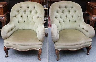 Lot 1350 - A Pair of Victorian Button Back Tub Chairs, on...