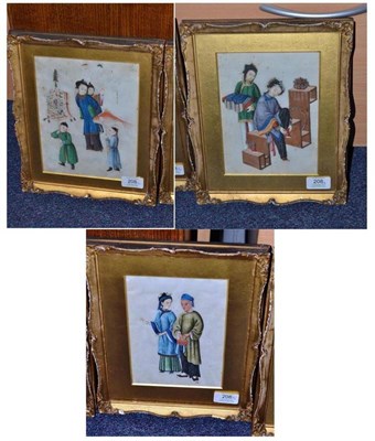 Lot 208 - A Set of Three Chinese Rice Paper Paintings, 19th century, depicting a procession scene, a dressing