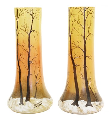 Lot 602 - A Pair of Legras Glass Vases, each painted...