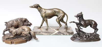 Lot 253 - Two Patinated Metal Models of Hounds, and a...