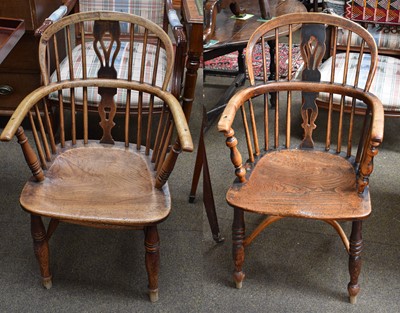 Lot 1328 - Two Similar Elm Windsor Chairs, one with...