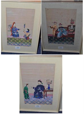 Lot 213 - Chinese School Various figures in interiors Gouache on rice paper, 31cm by 19cm (a set of three)