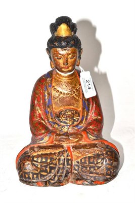 Lot 214 - A Chinese Bronze Figure of a Seated Buddha, possibly late Ming, painted throughout, the robes...