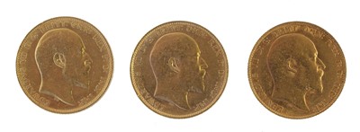 Lot 196 - 3x Edward VII, Sovereigns, 1903m, 1905m and...